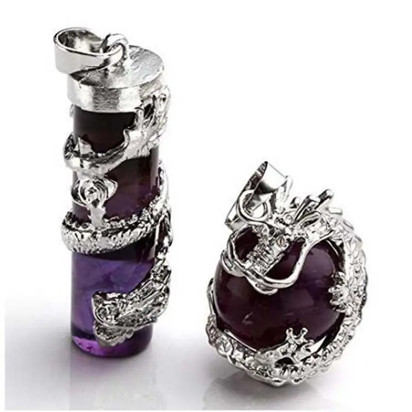 Taşlar ve kristaller moda gümüş ejderha sarılmış yuvarlak top + silindir ametist taş kolye kolye değerli taşlar