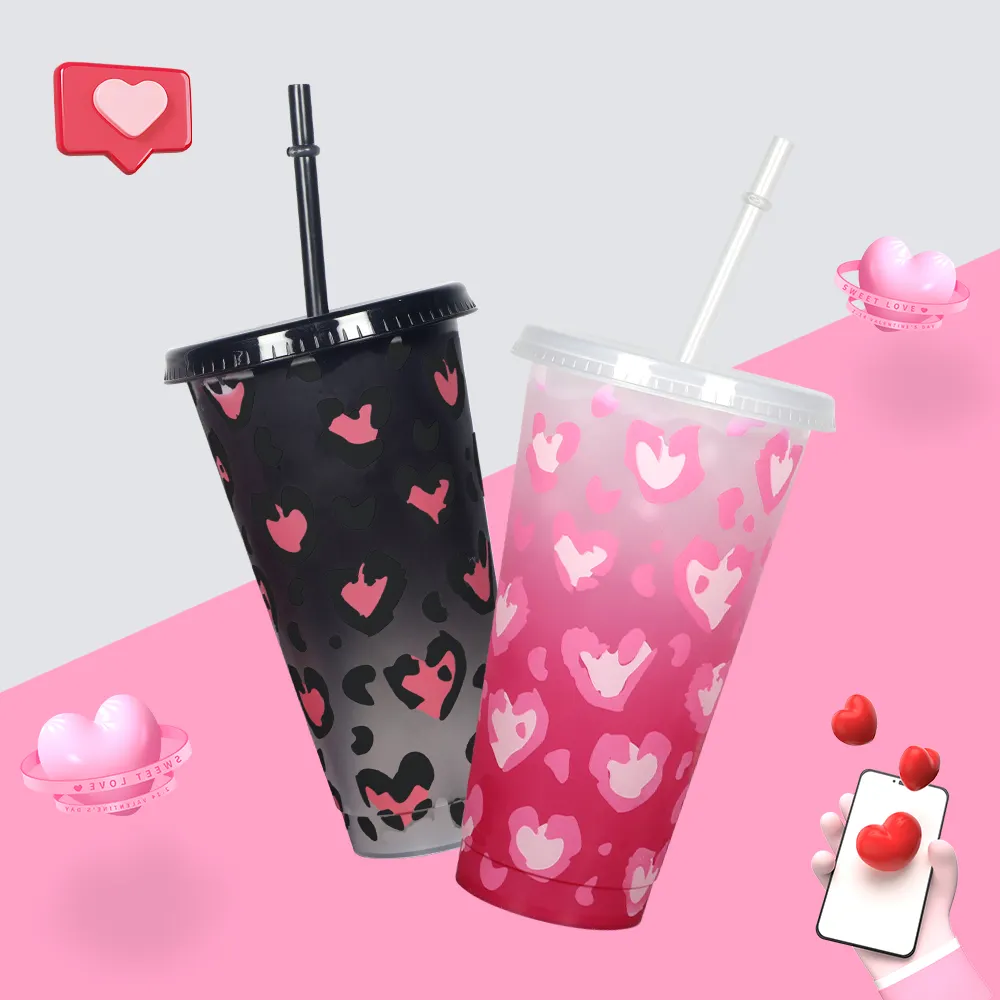 Cadeau de la Saint Valentin 2024 café réutilisable pp gobelet en plastique froid tasse à changement de couleur avec paille