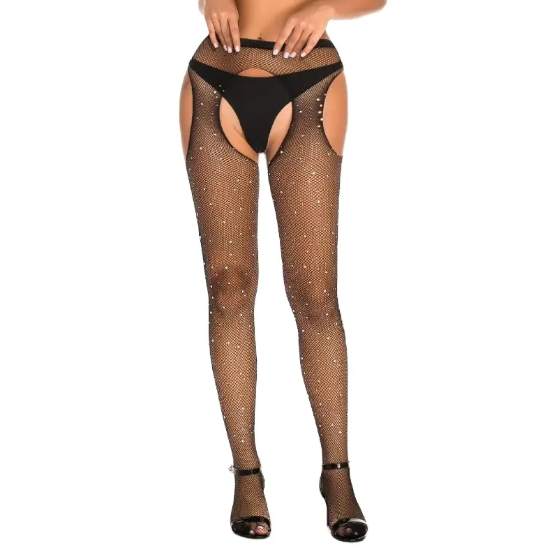 Collant Sexy en résille pour femmes, avec strass brillants, ouverture à l'entrejambe, vente en gros,