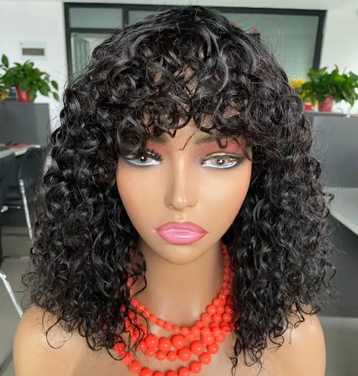 Mayqueen peruca de cabelo humano, atacado ondas naturais ondas curtas com franja para mulheres negras