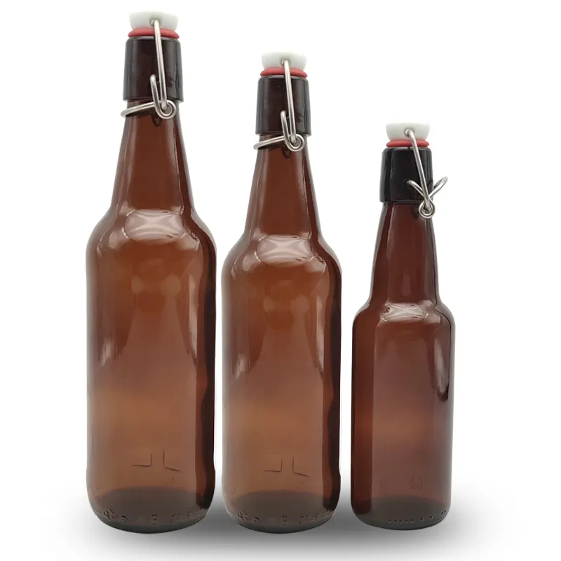 Toptan ucuz 330ml 500ml 750ml 1 litre 1000ml salıncak üst boş Amber cam bira şişesi