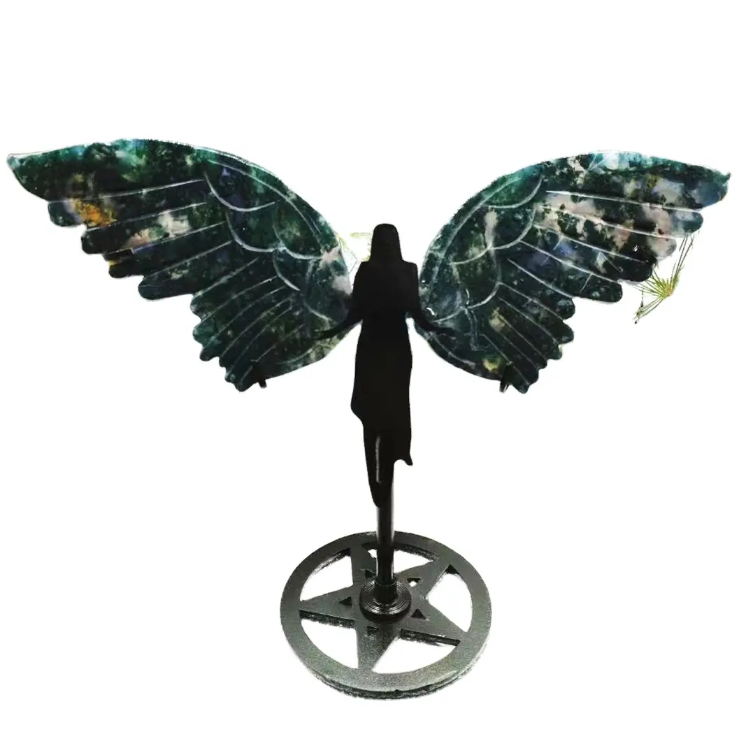 Pierre d'agate en mousse naturelle, aile de papillon, ailes d'ange sculptées à la main, sculpture d'aile en cristal pour la décoration
