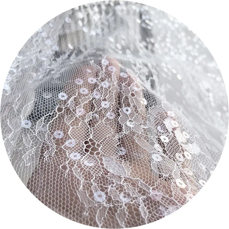 LS632 toptan 100% naylon içi boş çiçekli dantel kumaş düğün elbisesi beyaz tül dantel Sequins kumaş gelin elbise için