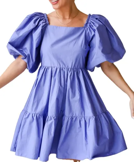 Vestido informal de fabricantes de ropa de fábrica personalizado 2024 sólido señoras otoño manga ancha puff cuello redondo Falda corta vestido de mujer