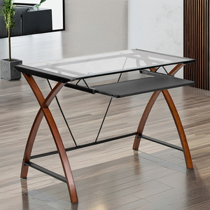 Tavolo per Computer in vetro per Home Office a prezzi competitivi con supporto per tastiera estraibile con struttura a croce con Design moderno regolabile - Product Image 3