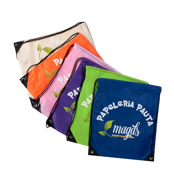 Venta al por mayor logotipo personalizado impreso impermeable promocional poliéster nailon tienda gimnasio deporte y mochila bolsas con cordón