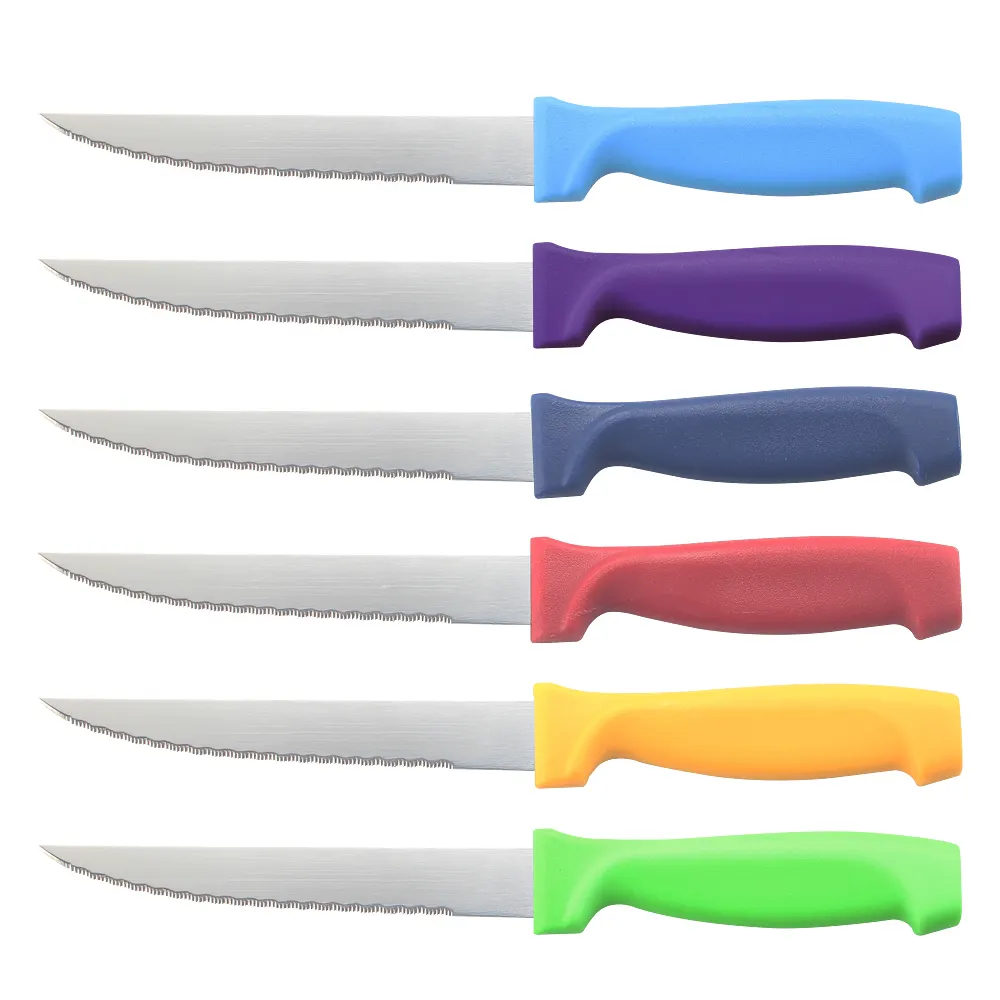 2021ขายสเต็กมีดที่มีสีสันจับพลาสติกชุดมีดสเต็ก
