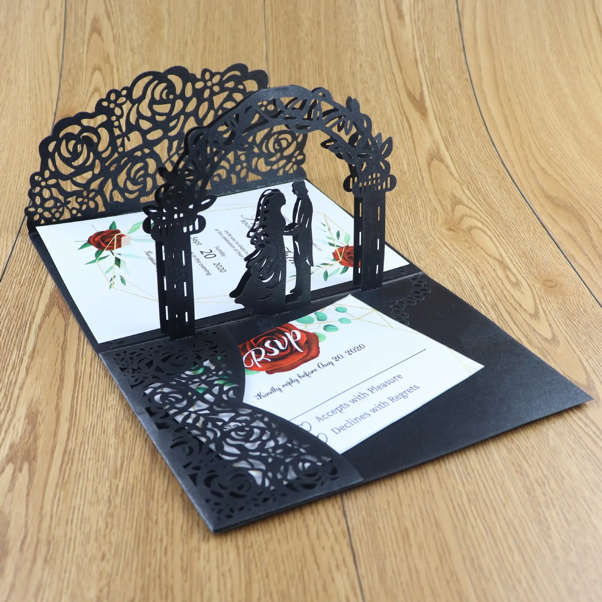 wedding invitations black laser cut card rose flower desgin for engagement cartes de mariage invitation de luxe