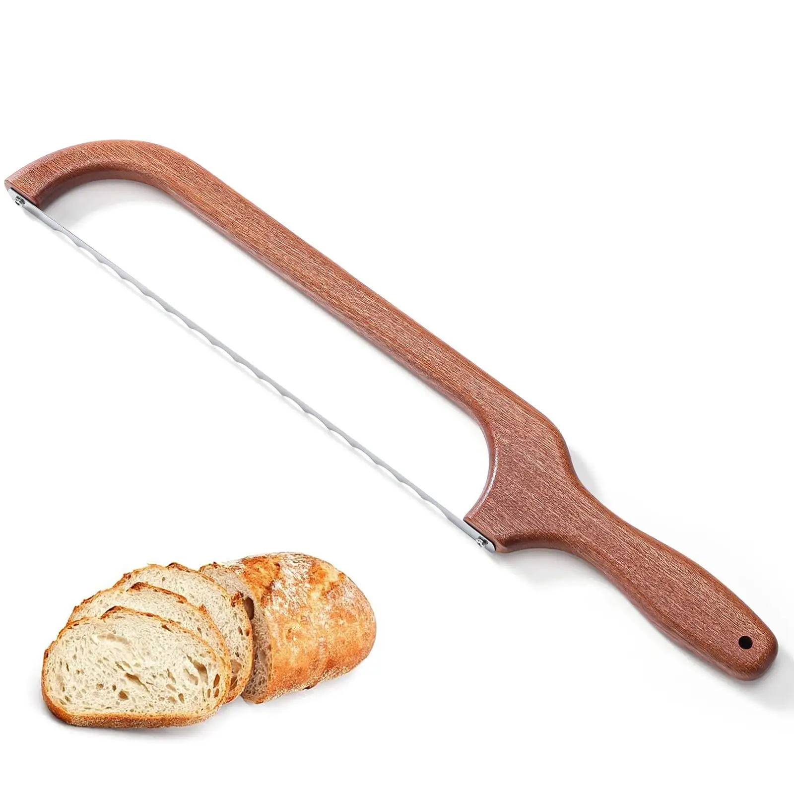 Fresa pasta madre in legno pane coltello ad arco in acciaio inox seghettato Bagel pane coltello affettatrice con manico in legno