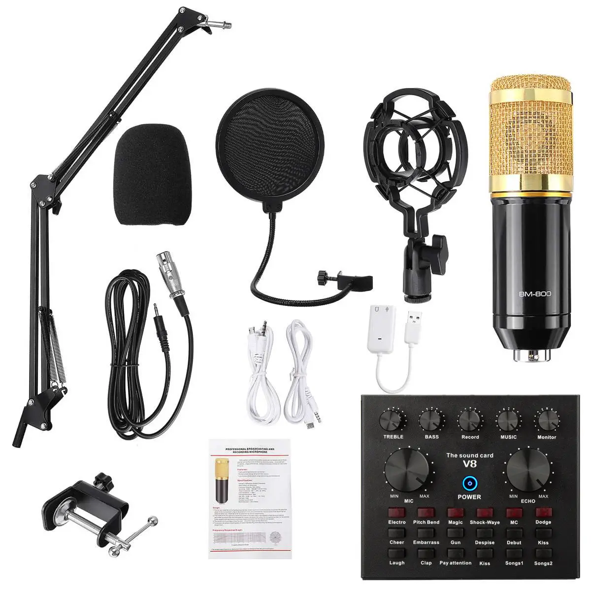 BM 800 Estúdio Microfone Kits Com V8 Placa de Som Profissional k8 microfone sem fio para gravação de computador celular TikTok