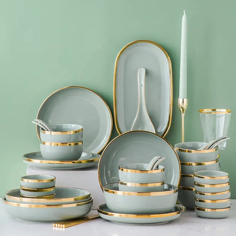 Green Light Luxury Style Ceramic Bowl Plate Dish Spoon Chopsticks Phnom Penh Tableware Set Household