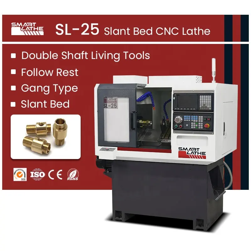 GSK Torno inclinado CNC SL-25 Torno CNC Máquina de torneamento de cama inclinada Torno CNC com ferramenta ao vivo