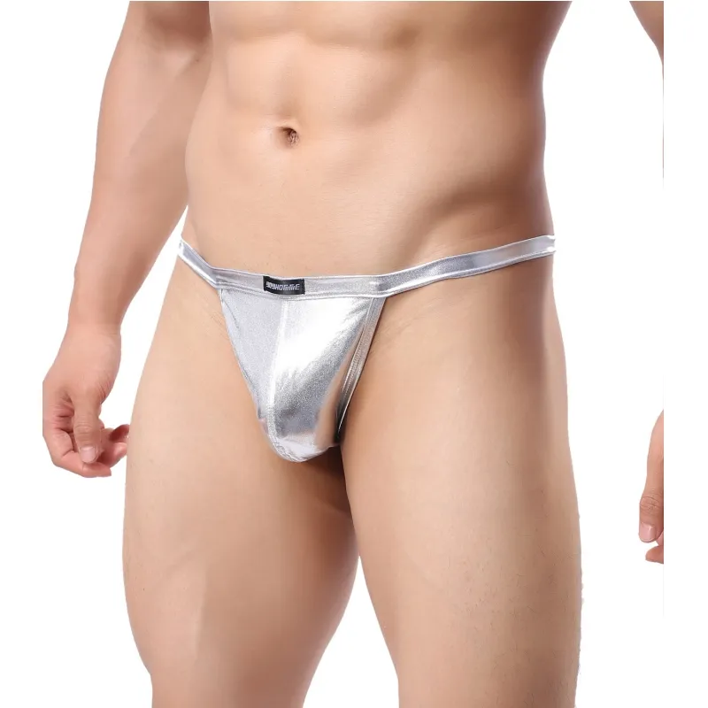 Tanga con Cinturón fino a la moda, ropa interior sexy ajustada para hombre, pantalones pequeños de cuero dorado y plateado brillante para hombre