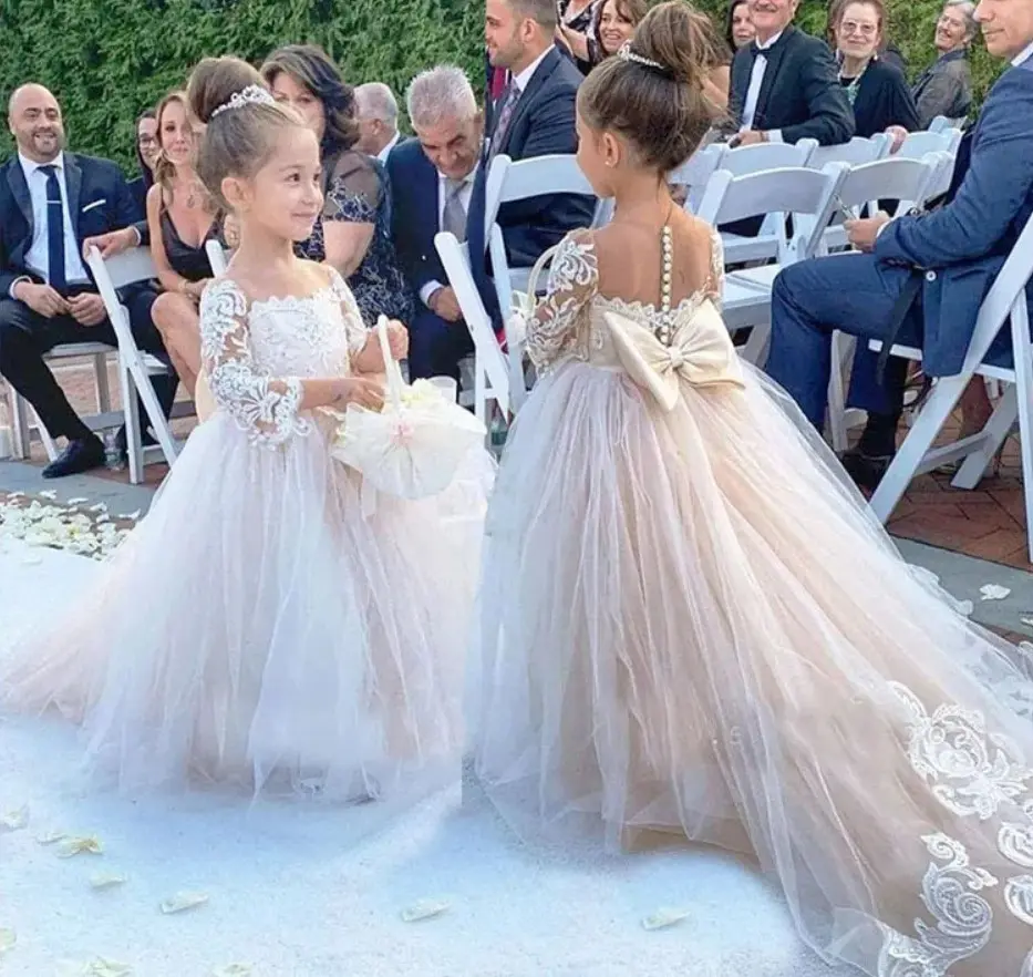 Venta caliente Puffy tamaño grande apliques encaje vestido de bola de manga larga apliques personalizados niños boda vestidos de niña de las flores MF505