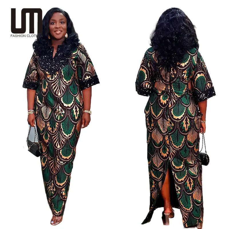 Liu Ming vente en gros mode africaine 2024 femmes vêtements traditionnel fleur imprimé fente Caftan Abaya Robe longue Robe