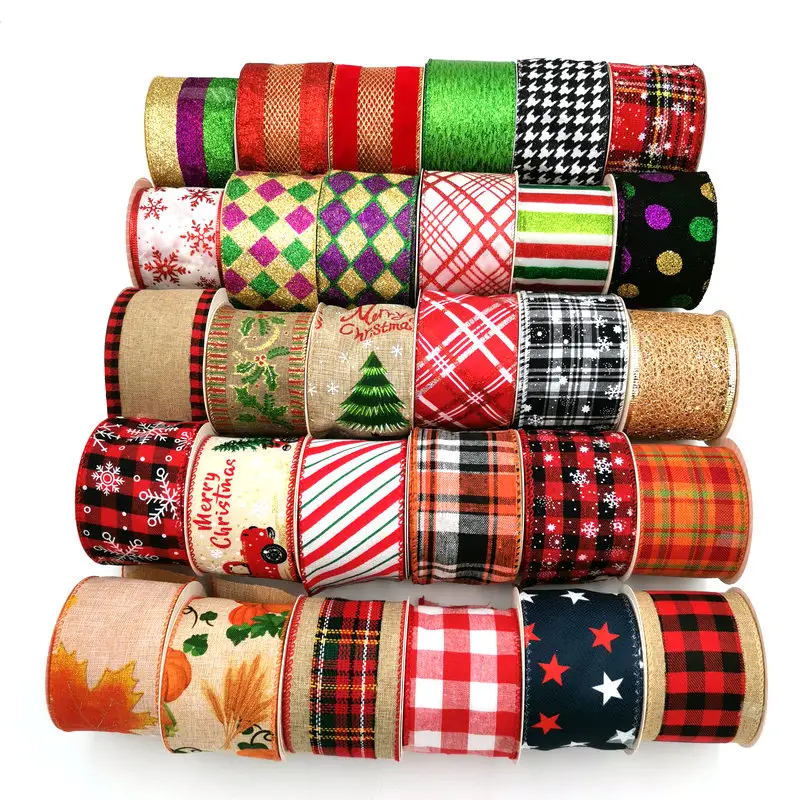 Confezione regalo per feste di natale decorazione bordo filo Trim poliestere Plaid Tartan Checker Ribbon Roll per fiocco