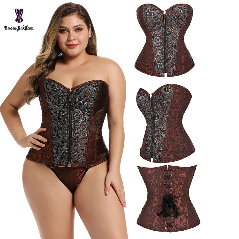 Busty Ladies Strapless Steampunk Corset Bustier Top Brown Bodice Tummy Control Body Shapewear With T String