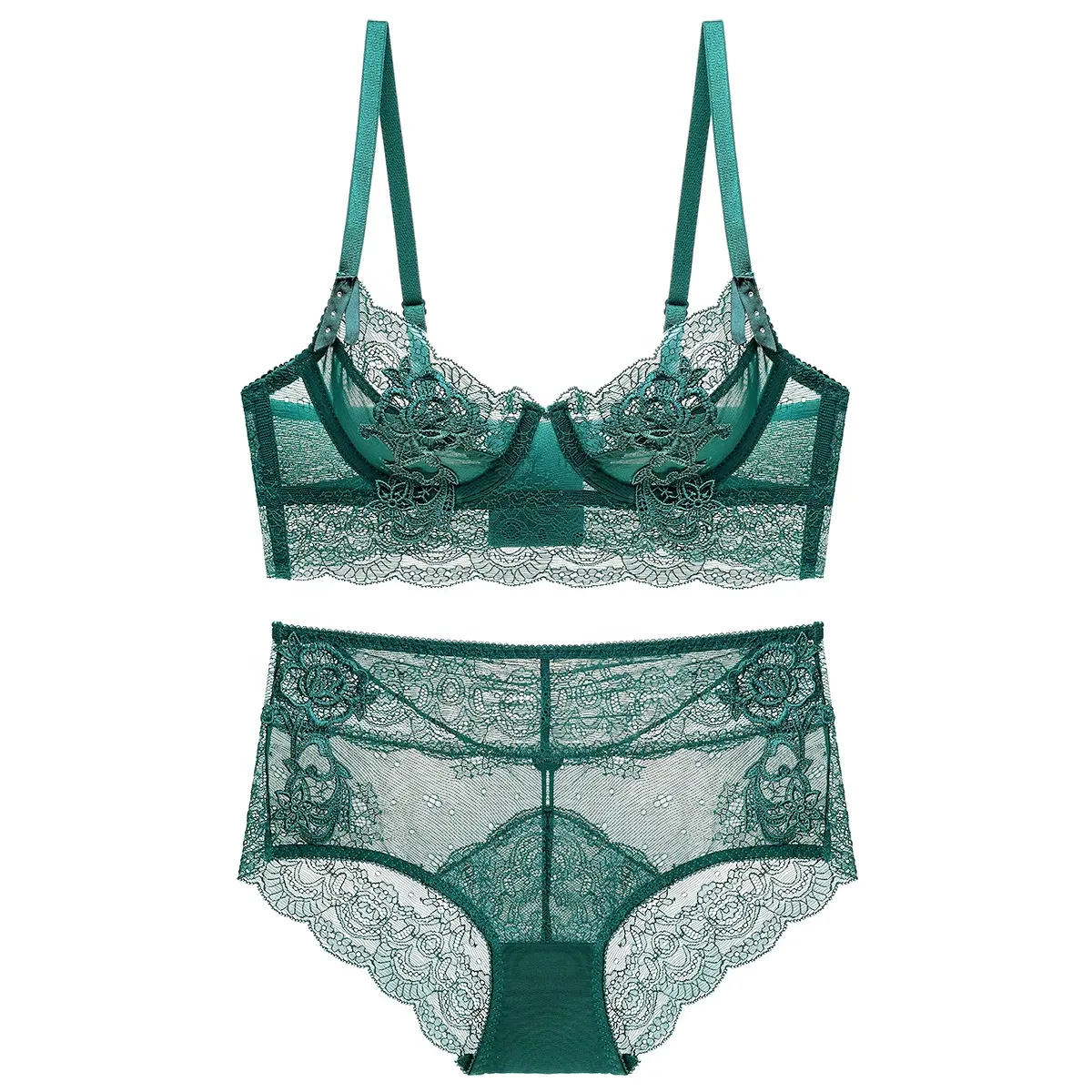 Grande taille maille rétro broderie Sexy soutien-gorge Style français sous-vêtements transparent fleur dentelle soutien-gorge et culotte ensemble