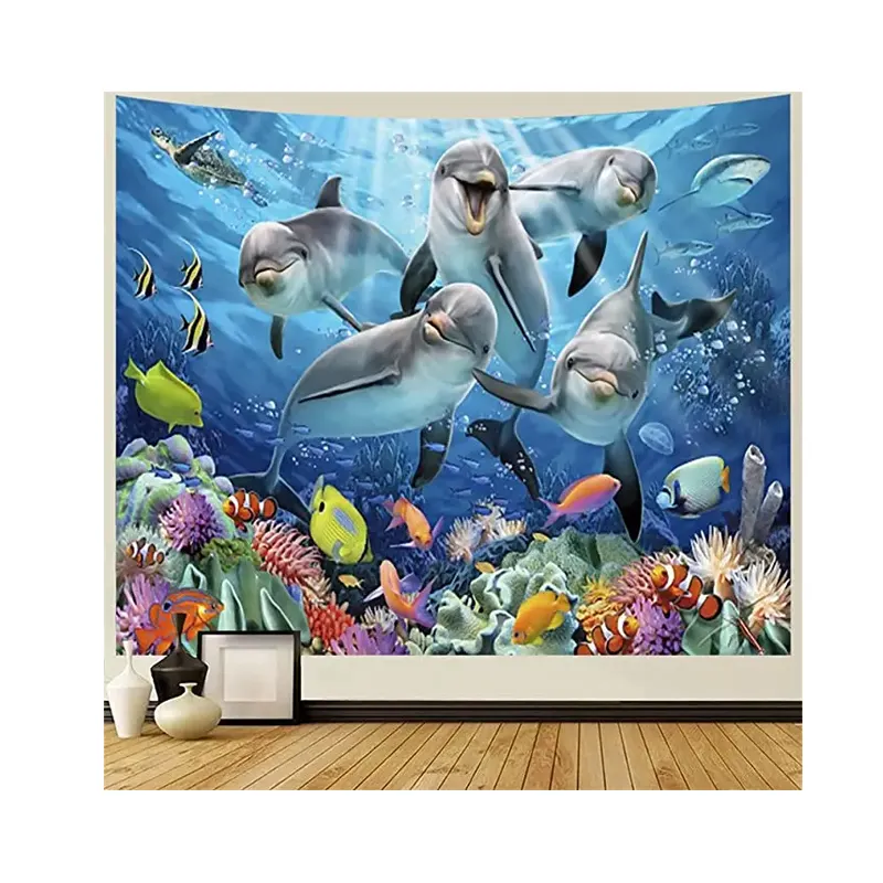 Tapiz de poliéster 100D con estampado Digital para decoración de dormitorio, bonito tapiz de delfín de mar para sala de estar y dormitorio