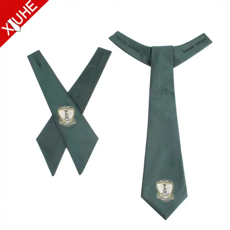 Corbata de lazo cruzada con Logo personalizado para niñas, uniforme escolar, corbata de poliéster verde Jacquard personalizada