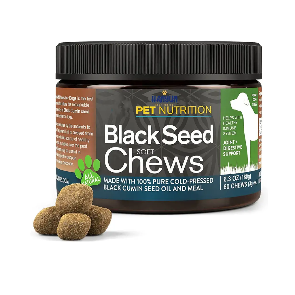 Maçanetas de semente para cães 100% do filme/oem, macias de semente de cunina preta prensada a frio puro para cães, sistema de imunidade saudável