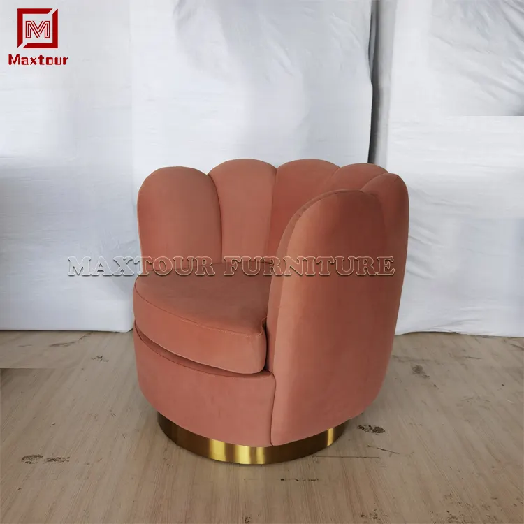 Silla de salón moderna con base de acero inoxidable dorado y superficie de terciopelo giratoria