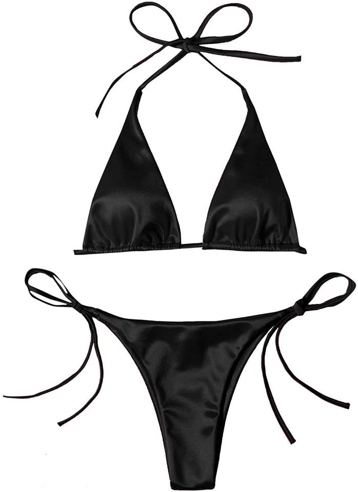 Bikini Beach Set Sexy Split Swimsuit Drawstring Halter Top Shiny