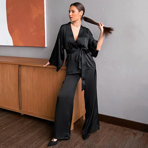 Kanatlar ile 2025 katı kadın elbiseler <span class=keywords><strong>2</strong></span> parça Set bilek uyku saten pantolon gevşek pijama rahat pijama kadın ev Suits Tops