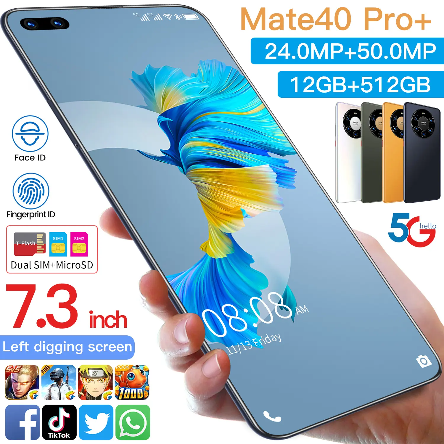 Venda quente Mate 40 Pro + Original 12gb + 512gb 24mp + 50mp Desbloqueio Facial Tela Completa Android 10.0 Celular Celular Inteligente