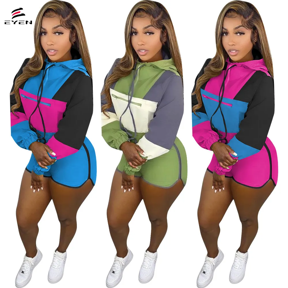 Conyson Patchwork 2 Piece Set Outfits Women Casual Long Sleeve Hoodies Tops Biker Shorts Set Jogger Tracksuits Womens Sets