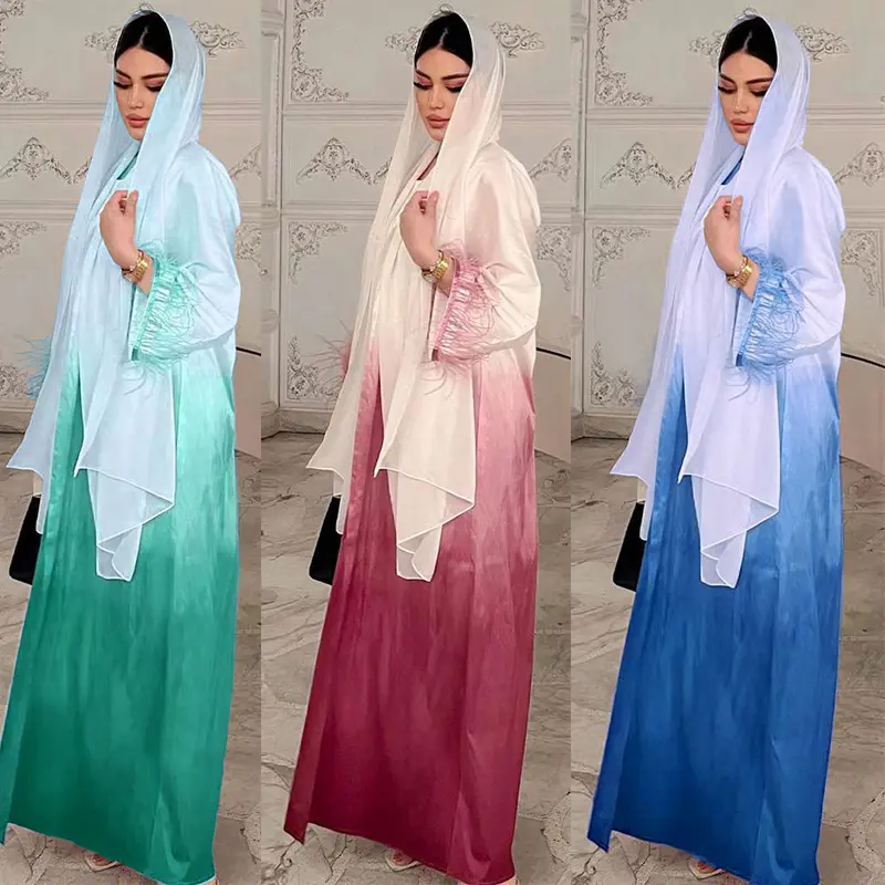 Vente chaude moyen-orient arabe dubaï vêtements de mode couleur unie dégradé plumes abaya 2 pièces jilb robe musulmane femmes