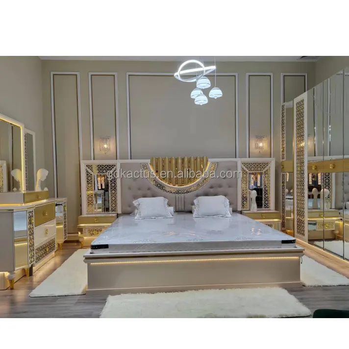 super king size 8 doors royal Luxury bedroom furniture set high end royal LED lighted mirrored headboard bedroom sets