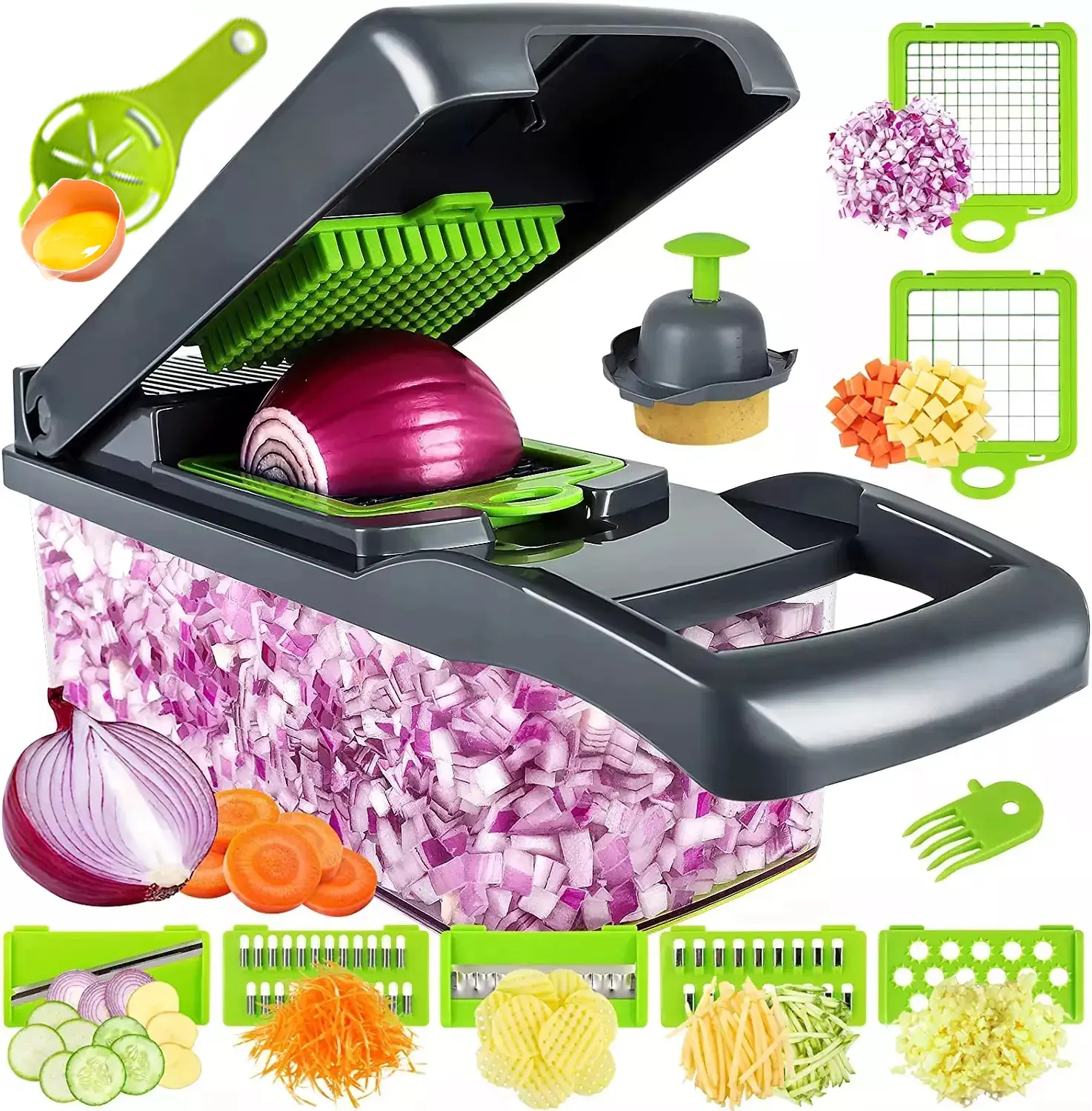 Melhor Venda 16 em 1 Hand Held Multifuncional Cebola Cortador Frutas Slicer Batatas Descascador Manual Dropshipping Vegetal PP Material