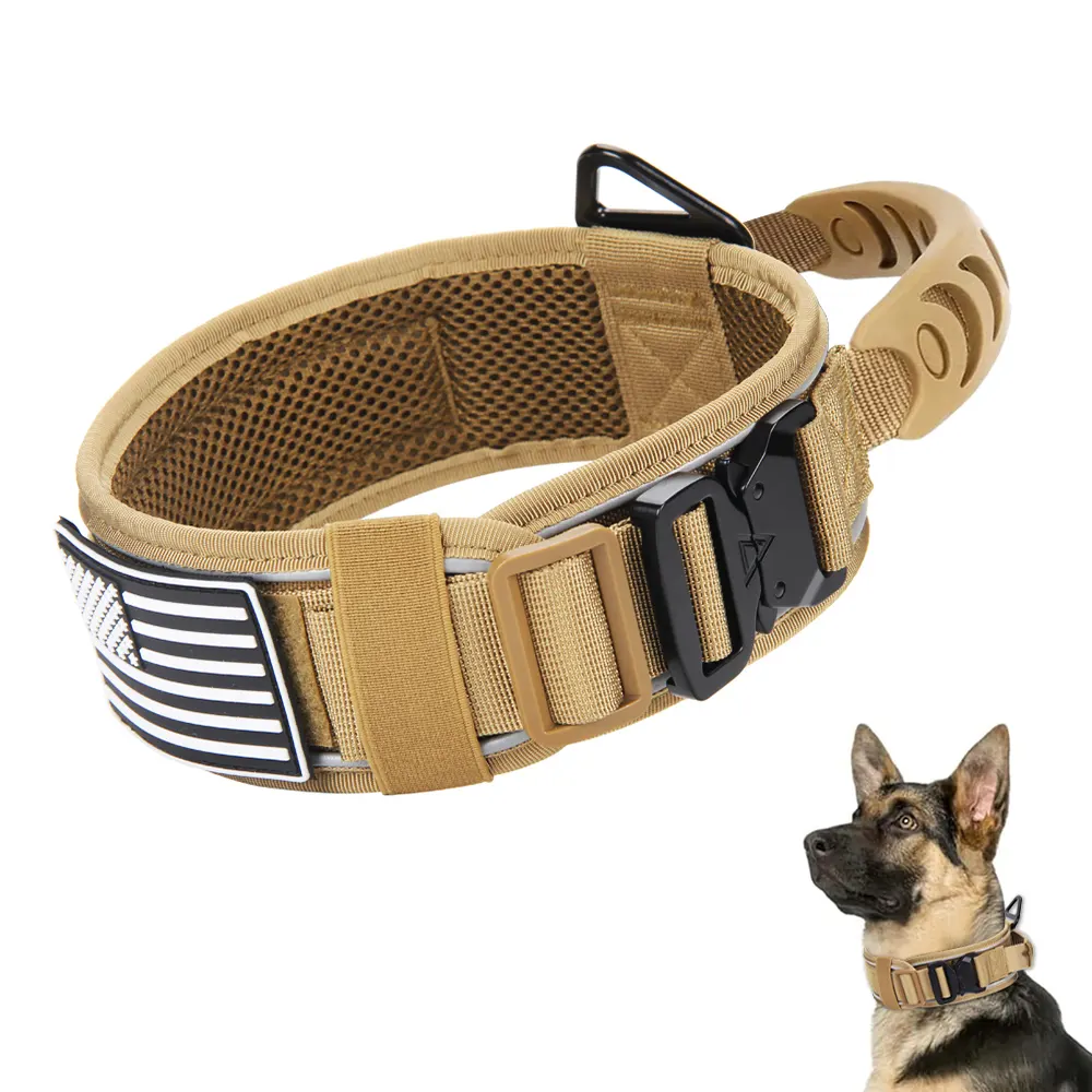 Vendita calda collare per cani in Nylon con manico regolabile striscia riflettente media grande e resistente in metallo fibbia tattico collari per cani da compagnia