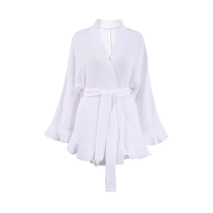 Vente en gros de short et kimono élégant personnalisé Ensemble 2 pièces pyjama pour femmes en gaze de coton 100 à volants