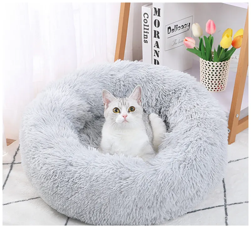 2024 kustom Diameter 70cm kain lembut tempat tidur anjing mewah hangat dapat dicuci bantal hewan peliharaan berbulu menenangkan bulat donat tempat tidur anjing kucing