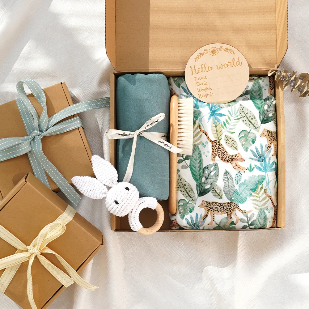 Ensemble de couvertures à langer en mousseline pour bébé DIY Bamboo Cotton Floral Printed Newborn Wraps Crochet Lovey Muslin Blanket Wrap Shower Gift Set