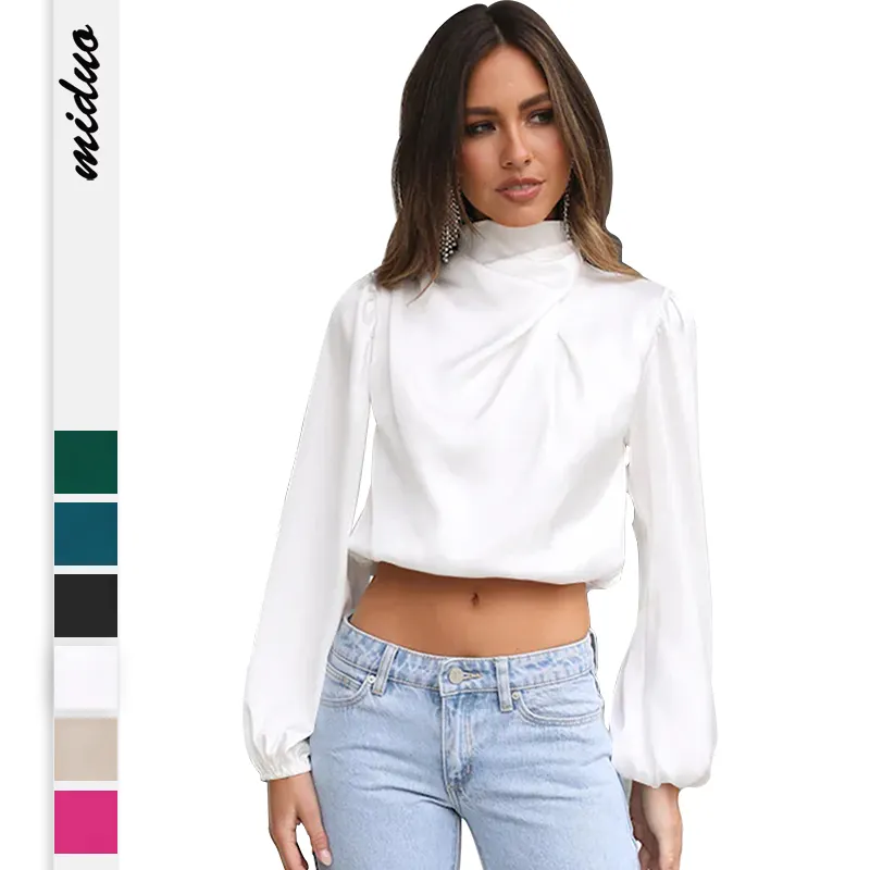 Atasan Crop wanita elegan Satin kualitas tinggi desain terbaru grosir atasan Crop wanita mode lengan panjang