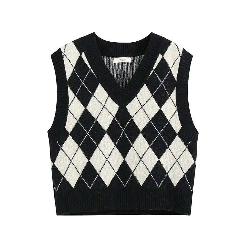 Argyle Sweater Rompi Wanita Kotak-kotak Rajutan Streetwear Gaya Preppy V Neck Tanpa Lengan Crop Knit Sekolah Tank Top untuk Gadis Wanita