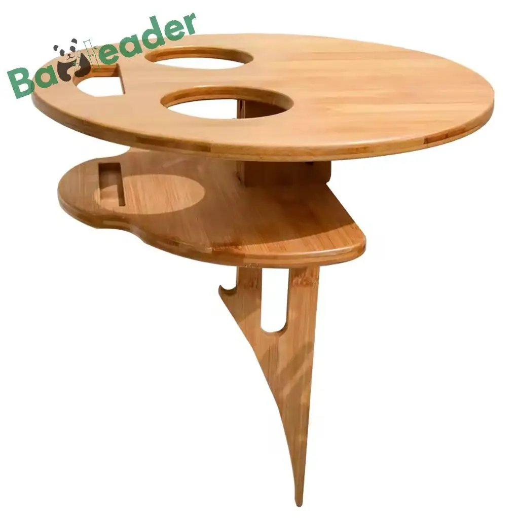 Venta caliente mesa de botella de vino plegable madera al aire libre Picnic vino soporte pantalla portátil mesa de vino de bambú para césped playa