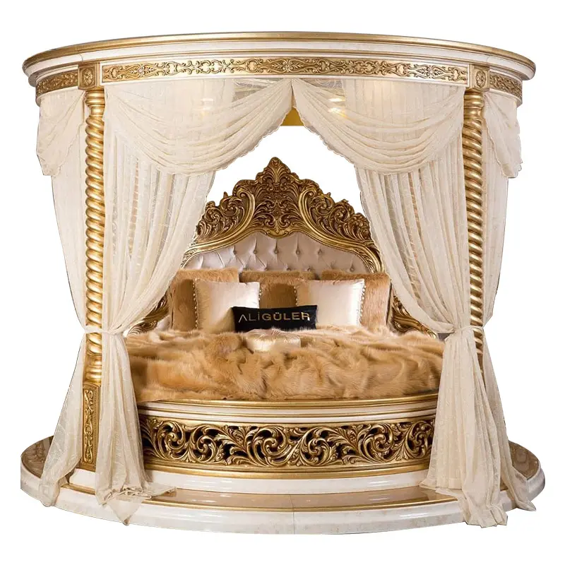 Letto rotondo Ialian europeo letti in legno intagliato a mano antico in legno massello set da letto rotondo in foglia d'oro del palazzo di lusso