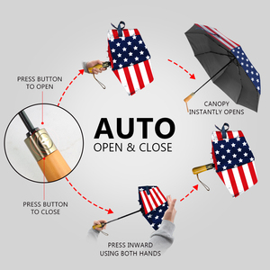 Phong cách mới USA cờ in thiết kế gấp ô biểu tượng tùy chỉnh Windproof chất lượng tốt gỗ <span class=keywords><strong>handlem</strong></span> tự động điều khiển ô dù - Product Image 2