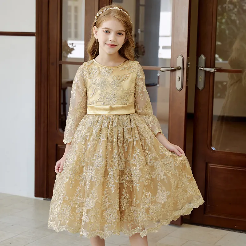 OEM ragazze di alta qualità abbigliamento vestito per bambini vestiti mezza manica ricami in oro estate bambine vestito da festa