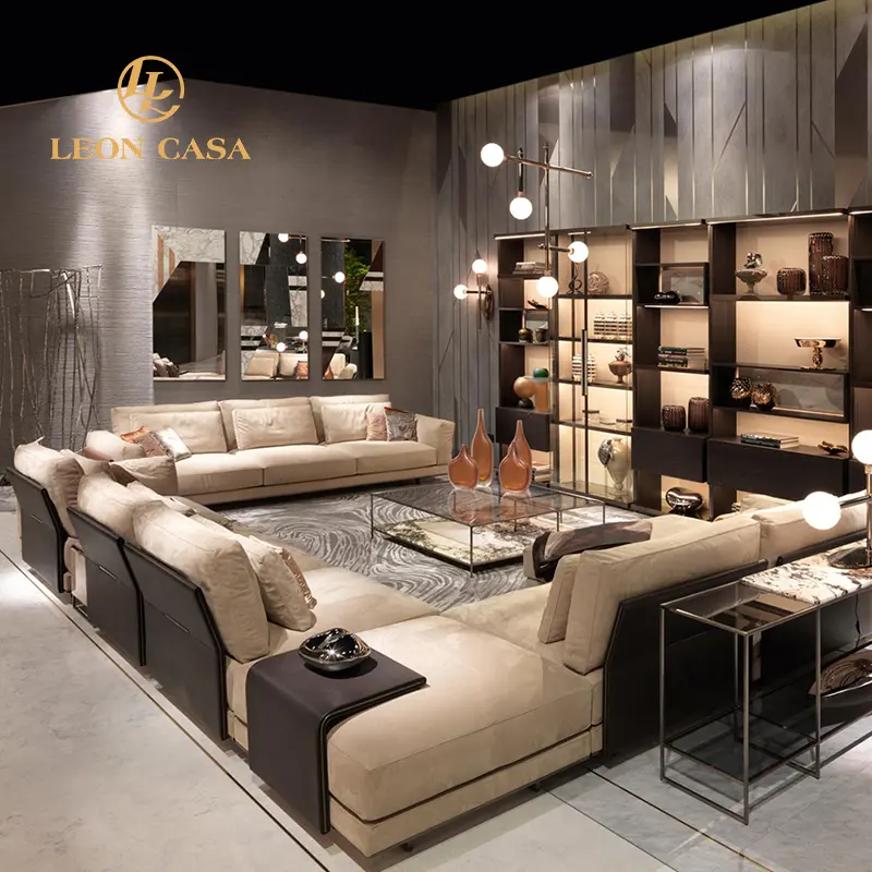 Big Villa living room furniture large L shape leather section sofa customized size luxury sofa set