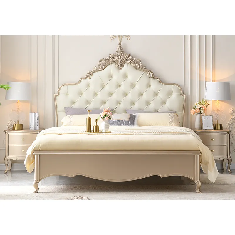 سرير فاخر أمريكي من الجلد الخفيف بحجم كينج كوين سرير خشبي حديث محشو أثاث غرفة نوم سرير مزدوج فاخر ناعم