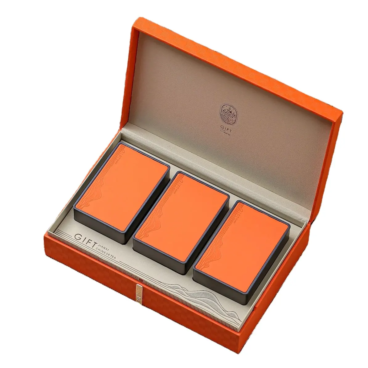 Emballage cadeau de thé Boîte en bois en cuir de couleur chocolat rouge orange avec trois boîtes carrées en métal pour emballer du chocolat