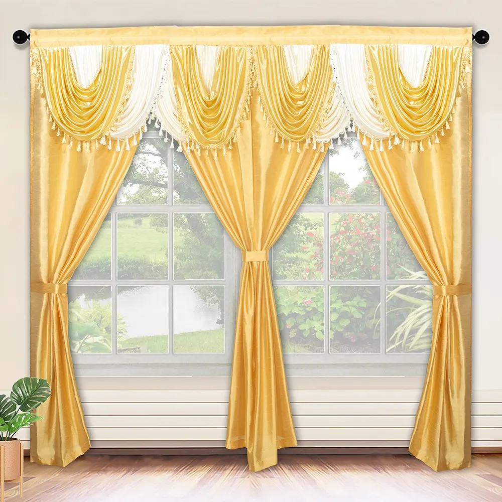 リビングルームの寝室用の新しいモダンなデザインのカーテン豪華なヨーロッパのバランススタイルの既製のゴールドカーテン