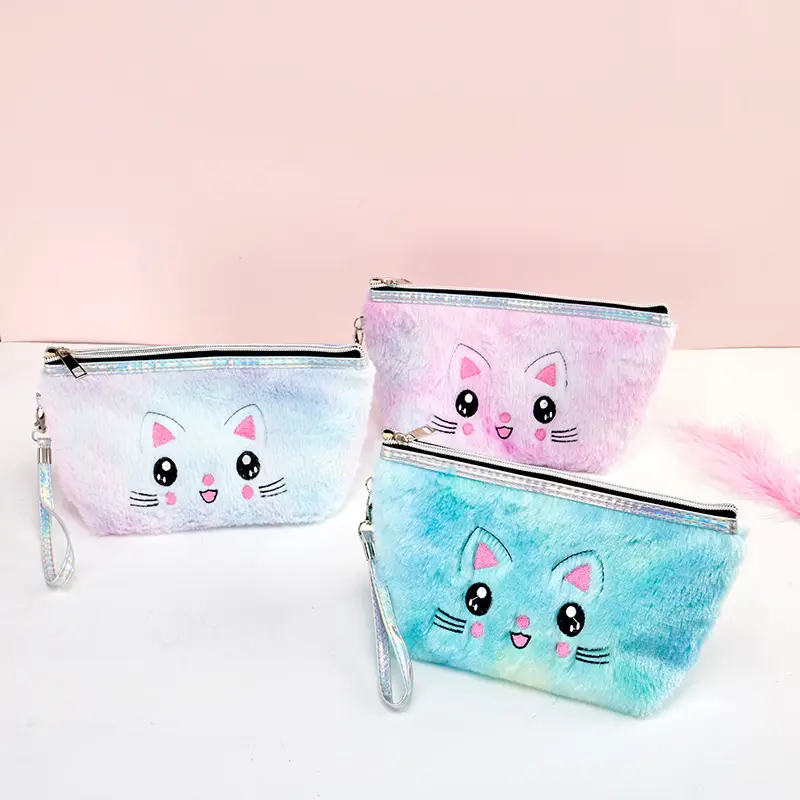 Graziosa cerniera per cintura arcobaleno in peluche con cartone animato colorato soffice borsa per cosmetici per gatti