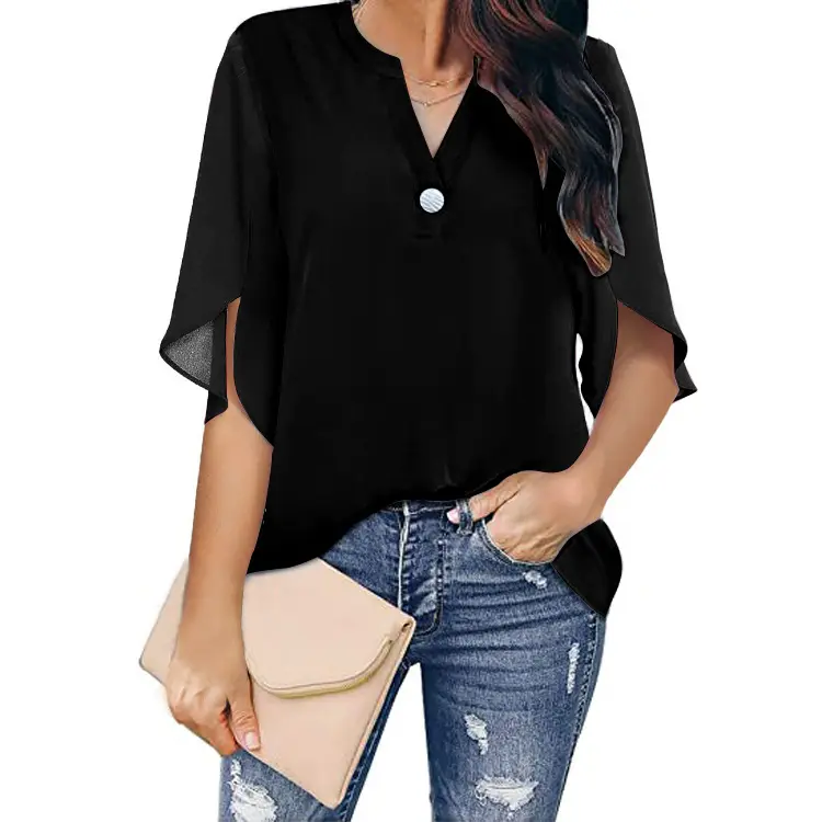 New fashion comfortable cool short sleeve elegant casual solid color V-neck chiffon shirt for women