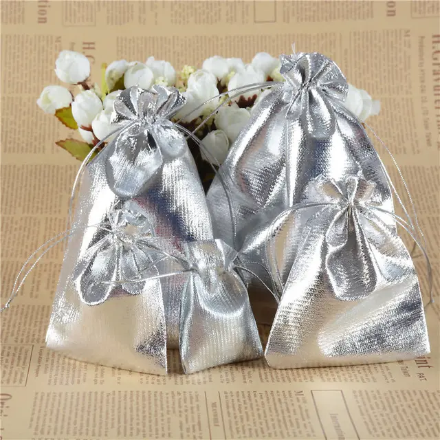 De regalo de plata lazo bolsas joyería bolsas fiesta Favor bolsas para la boda de Navidad de cumpleaños de barra de caramelo